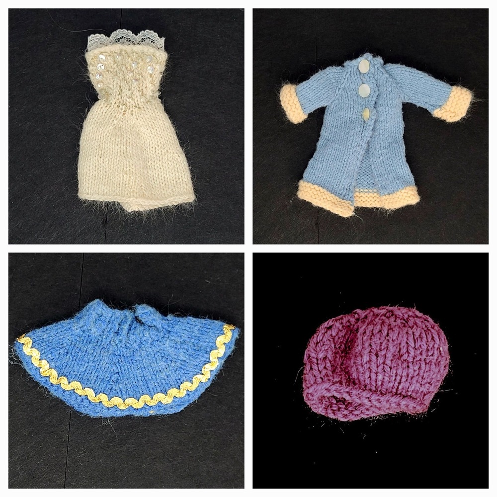 VALUE BUNDLE: 4 Pc Lot Vintage KNIT Handmade 11.5" Doll Clothes Coat Skirt Dress